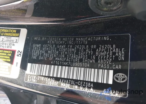 2020 Toyota Camry Se from USA, damaged, VIN 4T1G11AK7LU905104